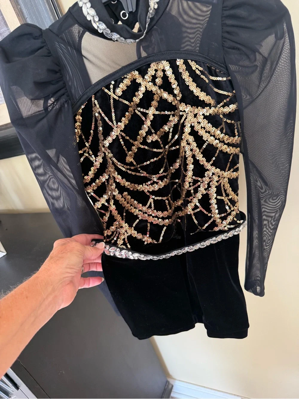 Weissman Black Velvet Performance Dress with Gold Sequin Accents